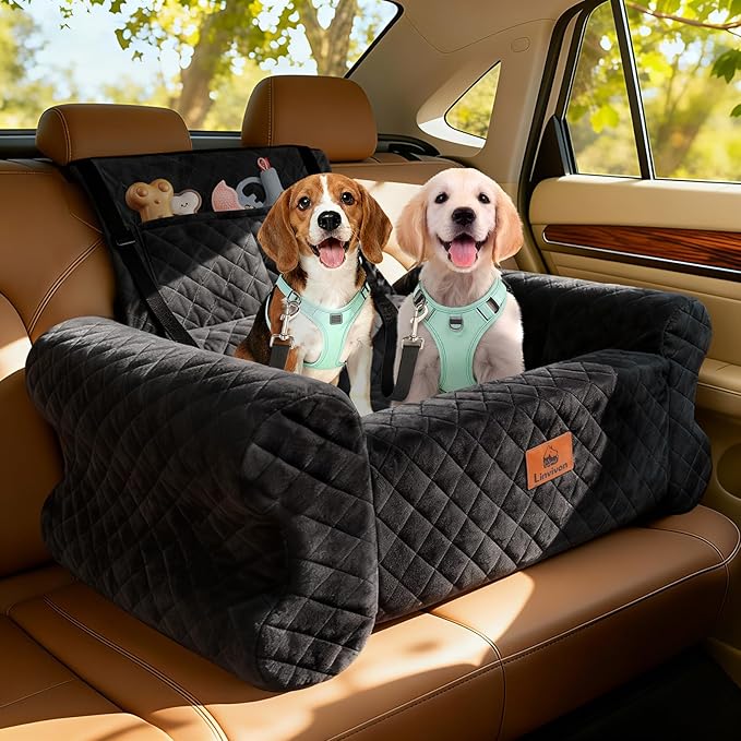 Dog Car Seat for Medium/Large Dogs up to 60 lbs, Memory Foam Dog Booster Seat with Thick Cushion, Pet Car Seat with Detachable Washable Cover, Storage Pockets for SUV, Pick Up, Trunk, Grey Black