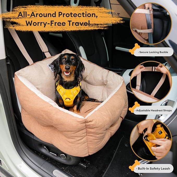 FUNNY FUZZY Dog Car Booster Seat for Small/Medium Dogs Up to 39lbs – Waterproof Fabric, Non-Slip Base, Safety Leash, Fully Detachable & Machine Washable Cover (Brown)