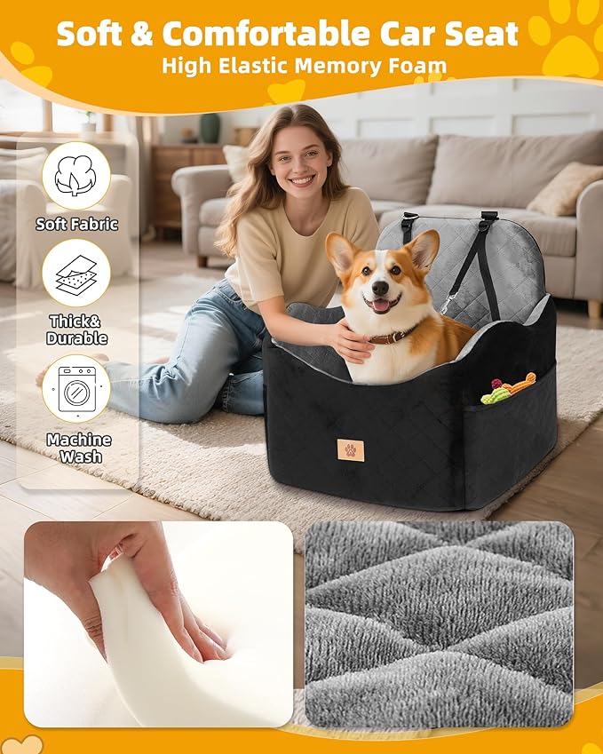 Car Seat Booster for Dog: High-Support Memory Foam Pet Car Seat for Small/Medium Dogs Under 35lbs with Elevated Cushion - Detachable Washable Puppy Travel Bed for Driving with Pockets