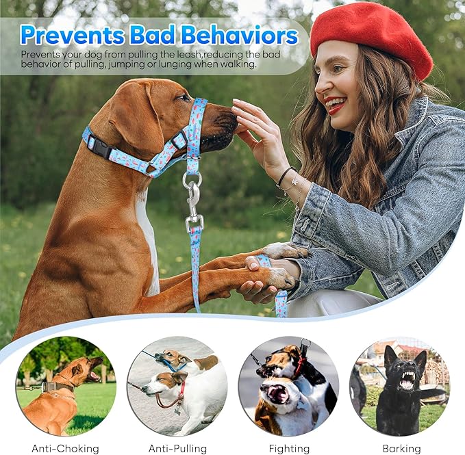 Dog Head Collar, Printed No-Pull Headcollar, Adjustable Dog Head Halter Gentle Lead with Safety Link, 3 Colors Muzzle Leash for Small Medium Large X-Large Dogs Easy Walks(Small, Flamingo)