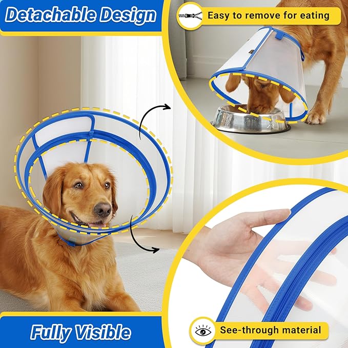 Dog Cone to Stop Licking, Clear Recovery Collar with Detachable Zipper, Sturdy Elizabethan Collar for Large Medium Small Dogs, Soft Adjustable Cone After Surgery Patented, Blue XL