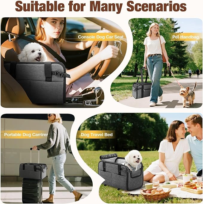 YUDODO 2-12lbs Center Console Dog Car Seat, Anti-Slip Pet Cat Booster Seat for Small Dogs, Portable Puppy Bed Carseat Carrier PU Leather Gray