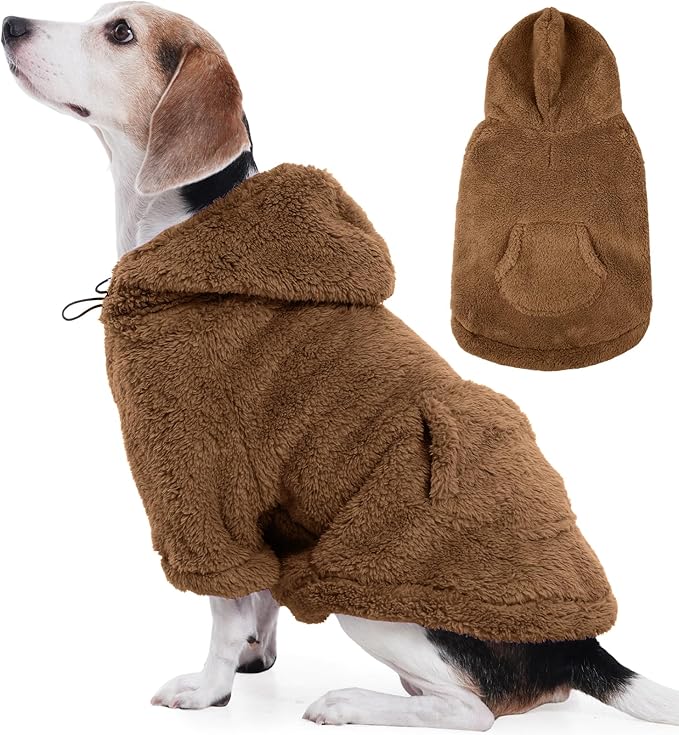 IDOMIK Fuzzy Dog Sweater with Adjustable Hood, Warm Fleece Dog Sweater Hoodie with Harness Hole & Pocket, Pullover Sweaters for Large Dogs, Fuzzy Hooded Sweatshirt for Fall Winter Christmas,Brown,XL