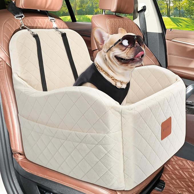 Dog Car Seat for Small Medium Dogs Up to 35lbs, Detachable Washable Soft Pet Booster Travel Bed for Front Seat with Safety Leash Belt (Beige, Medium)