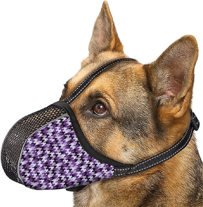 Dog Muzzle for Extra Large Breed Dogs to Prevent Biting Chewing Barking Soft Air Mesh Muzzles Reflective Ajustable Full Coverage Dog Mouth Guard Cover for Grooming Scavenging Purple XL