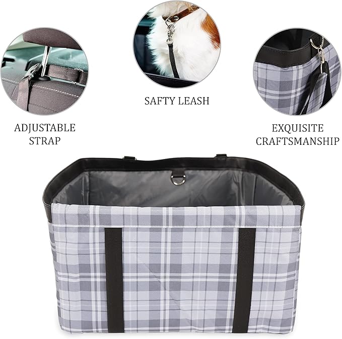 SUSSEXHOME Pets Water and Stain Proof Dog Car Seats for Small Dogs - 15.75 x 12.6 x 9.85 Inches Dog Booster Seat with Removable, Adjustable Fastening Straps - Gray-Tartan