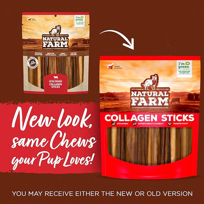 Natural Farm Odor-Free Super Collagen Dog Chews (6-Inch, 15-Pack) The First Ever Real Bull Sticks Alternative: 100% Natural Angus Hide Collagen Treats - More Protein, More Chew Time for All Dogs
