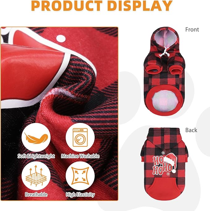 KOOLTAIL Christmas Dog Hoodie, Red Plaid Pet Sweater, Hat Hooded Sweatshirt Dog Clothes for Small Medium Large Dogs Boys Girls, Soft Warm Winter Cold Weather Coat with Leash Hole&Pocket, Santa, S