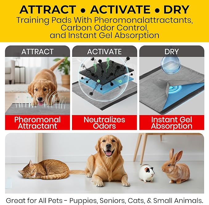 Glad for Pets Black Charcoal Puppy Pads, 23"x23" Disposable Training Pads That Absorb & Neutralize Urine with Activated Carbon - 100 Count