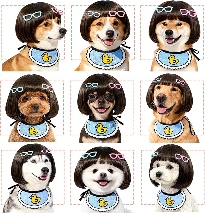 Funny Dog Bangs Bob Wig - Adjustable Elastic Band & Trimmable, Built-in Knitted Bandana & Bow Clip, Dog Cosplay Costume for Small Medium Large Dogs,Halloween Christmas Parties Festivals (Black)