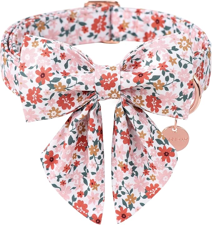 Flower Bowtie Dog Collar With Metal Buckle - Summer Comfortable Cotton Collar for Puppy Boy Girl, XL