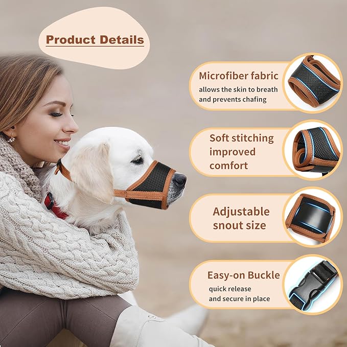 HEELE Dog Muzzle,Soft Nylon Muzzle Anti Biting Barking Chewing,Air Mesh Breathable Drinkable Adjustable Loop Pets Muzzle for Small Medium Large Dogs 4 Colors 4 Sizes (Brown, XL)