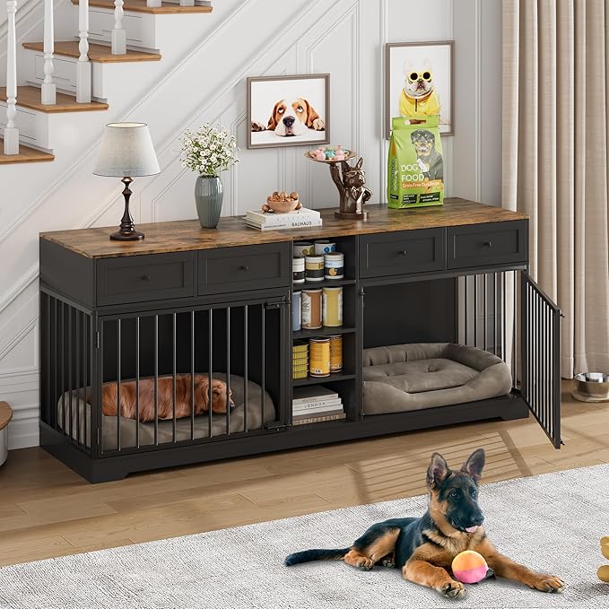 GarveeHome 82" Double Dog Crate Furniture, Large Dog Kennel Indoor for 2 Dogs, Heavy Duty Wooden Dog Crate TV Stand with 4 Drawers and Shelves, Black