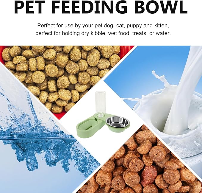 BESTonZON Stainless Steel Cat Food Feeder Double Bowl Detachable Wall Corner Rotatable Foldable Pet Feeding Station with Green Base for Cats