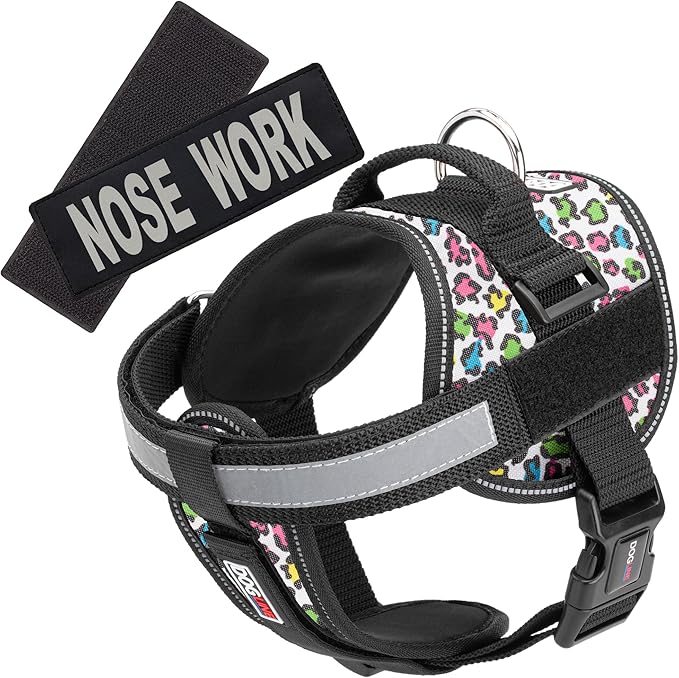 Dogline Unimax Dog Harness Vest with Nose Work Patches Reflective No-Pull, Adjustable Straps, Breathable Neoprene for Medical, Service, Identification, Training Dogs Girth 28 to 38" Leopard Multicolor