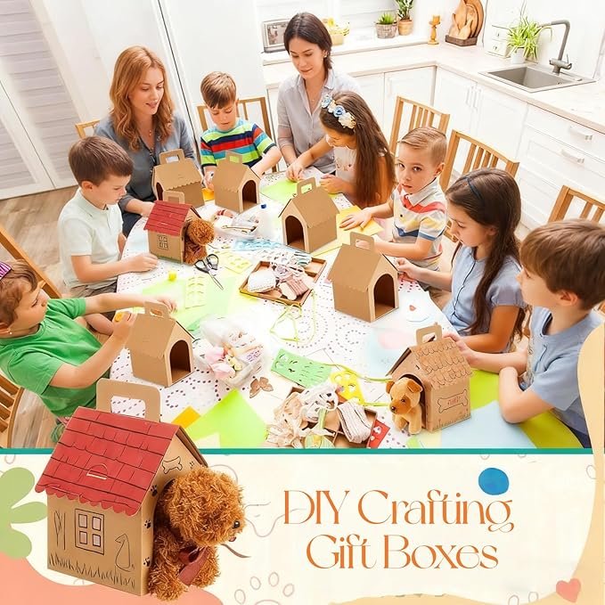 HAN SHENG 24 Pcs Dog House Shape Gift Boxes, Kraft Paper Party Favors with Handle for DIY Crafting, Puppy Birthday Party Supplies, Pet Adoption Theme Decorations