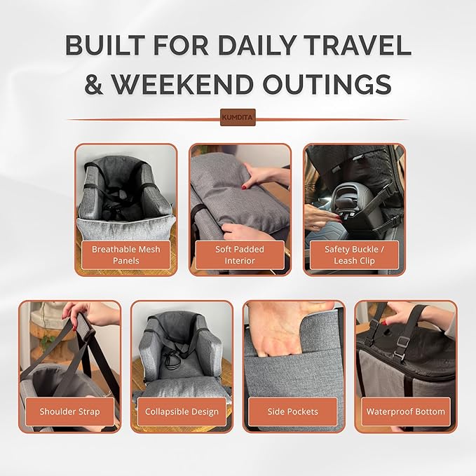 Kumdita' Center Console Car Seat & Carrier for Small Dogs & Cats with Dual Over-Seat Straps, Sewn-in Safety Leash & PE Board Base (Grey)