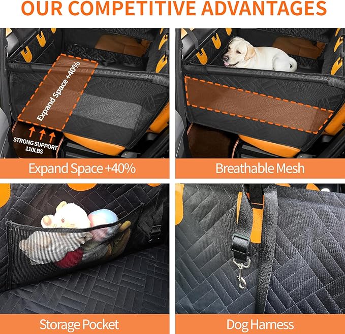 Dog Car Seat for Large Dogs & Medium Dogs Up to 110 lbs - Pet Backseat with Waterproof Cover, Adjustable Safety Belt, Breathable Mesh & Storage Pocket - Back Seat Extender for SUV, Sedan, Truck