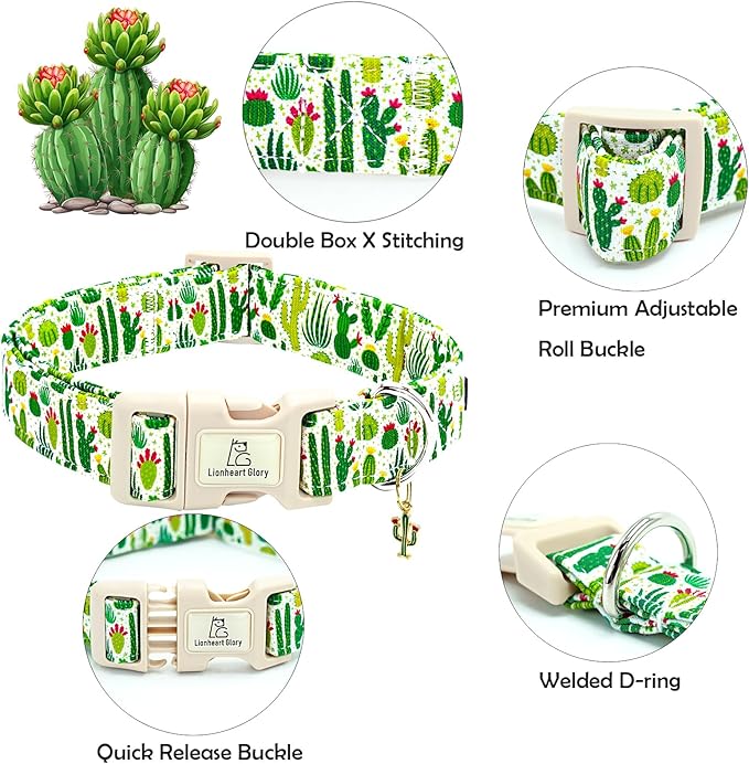 Lionheart glory Dog Collar Green Cactus Print Collar for Small Dogs Spring Summer Female or Male Collars Pets Gift Adjustable Heavy-Duty Cute Pet Collars