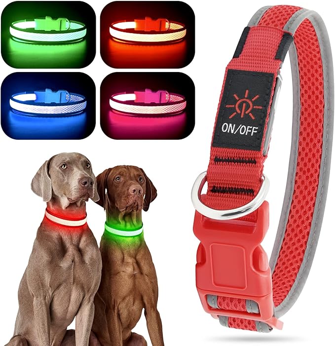 YFbrite Light up Dog Collar, USB Rechargeable LED Puppy Collar Super Bright Adjustable Glowing Dog Lights for Night Walking (Red, Large)