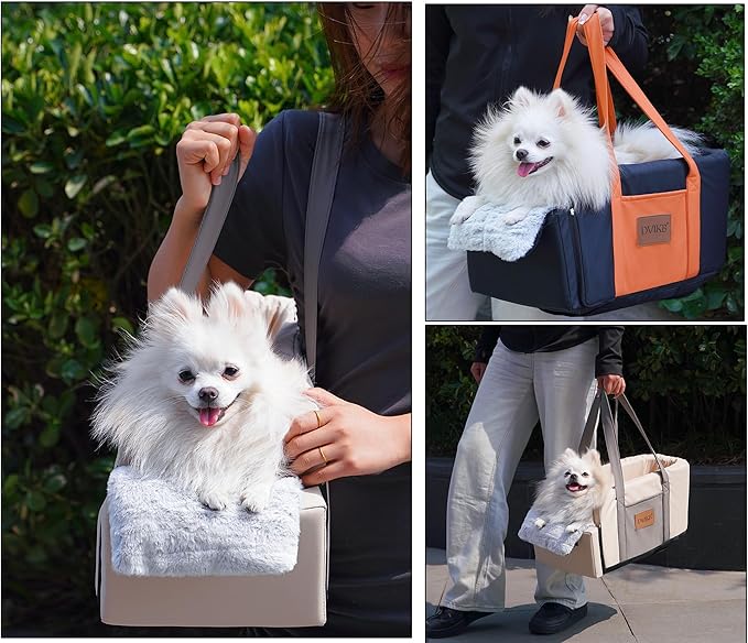 Center Console Dog Car Seat - Small Pet Car Seat for Puppies and Cats with Storage Pocket and Leash, Leather Waterproof Small Dog Seat with Portable Travel Shoulder Strap