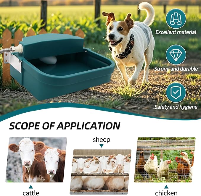 8L Large Automatic Animal Drinking Water Bowl, Livestock Water Trough Dispenser with Water Pipe & Float Valve & Drain Hole for Cattle Horse Sheep Dog Indoor/Outdoor Easy to Clean