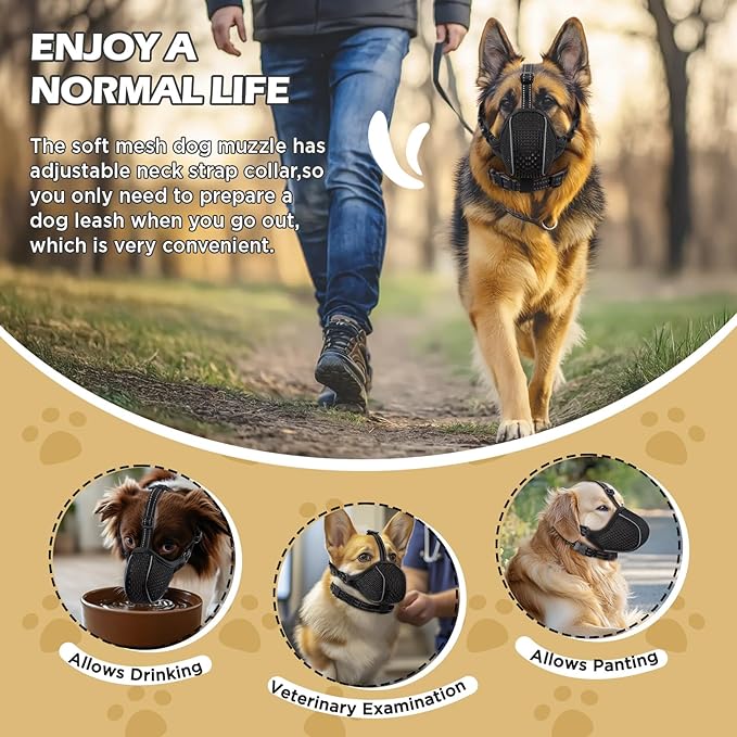 Dog Muzzle,Soft Nylon Muzzles Anti Biting Barking Chewing,Breathable Reflective Adjustable Loop Pets for Small Medium Large Sized Dogs,Allows Panting and Drinking(Black S)