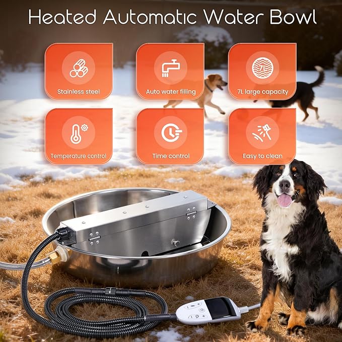 Heated Automatic Dog Water Bowl Dispenser Outdoor Heated Pet Waterer Thermal-Bowl Auto Fill Water Bowl for Large Dog, Cat, Chicken, Duck, Adjustable Temperature & Timer