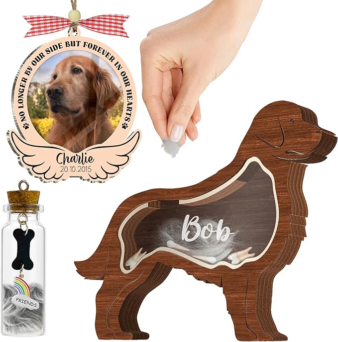 Personalized Golden Retriever Ashes Keepsake Box Wooden Pet Fur Gifts Unique Dog Shape Standable Table Decor Memorial Display Box for Small Urns Idea Gift Pet Lover Family Friend Storing Hair Teeth