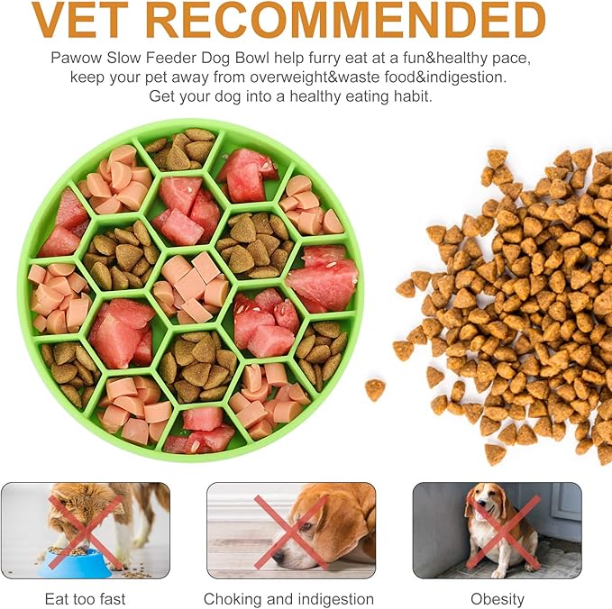 Pawow Silicone Slow Feeder Dog Bowls, Feeding Vessels for Pets with Suction Cups, Honeycomb Shape & Non-Slip Design, Boredom and Anxiety Reducer Slow Feeder for Large, Medium, Small Breed Pet