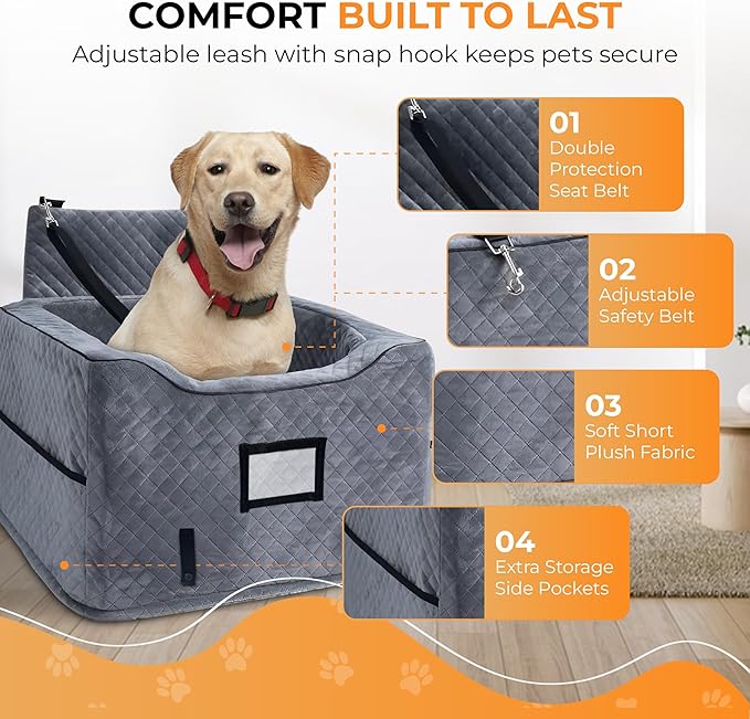 CozyCruiser Dog Car Seat for Small & Medium Dogs – Elevated Booster Seat with Adjustable Safety Leash, Double Seat Belt Protection, Soft Plush Fabric & Storage Pockets – Fits Most Cars, SUVs & Trucks