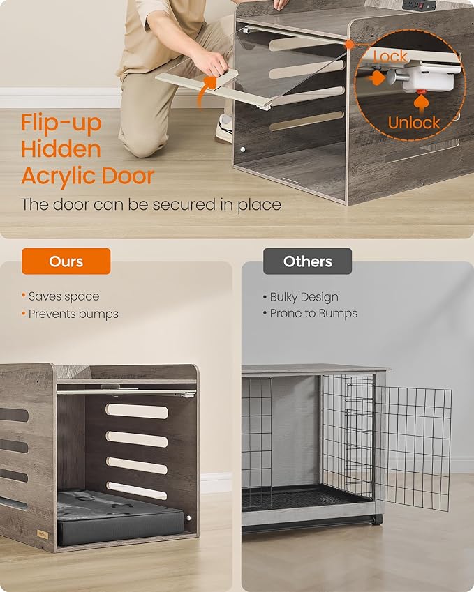Feandrea Modern Dog Crate Furniture with Charging Station, Kennel Indoor with Flip-up Hidden Acrylic Door, for Small and Medium Dogs up to 45 lb, Side End Table, Heather Greige UPOC021G01