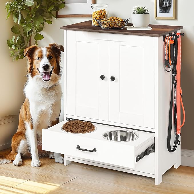 Dog Feeding Station,Double Door Locker with 2 Adjustable Bowls,Pet Food Storage Pet Feeder Cabinet Container with Dog Raised Bowls and Hanger for Feeding & Watering Supplies (White)