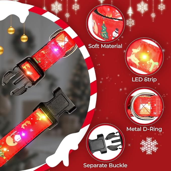 Christmas Light Up Dog Collar, LED Dog Collar Glow in The Dark - USBC Rechargeable, Adorable X-mas Pattern Christmas Collar for Medium to Large Dogs - Comfortable & Cute Xmas Dog Collars, Xmas L