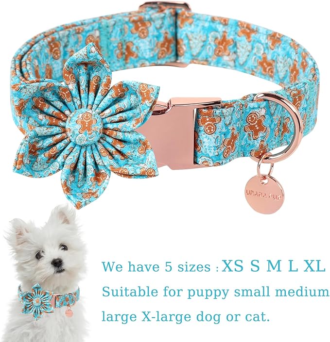 Christmas Dog Collar with Flower,Adjustable Gingerbread Pet Collar,Chriatmas Puppy Flower Collar for Small Medium Large Dogs,M,Neck 13.5-22in