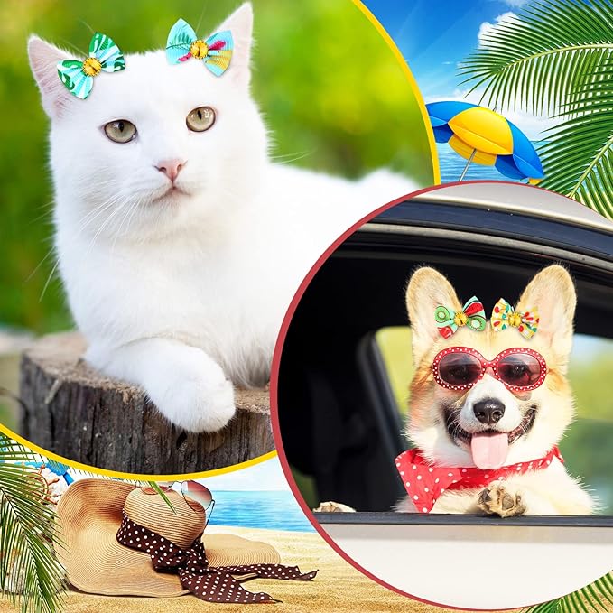 Tondiamo 100 Pack Summer Spring Dog Hair Bows with Rubber Bands Cute Puppy Bows for Dogs Spring Ear Bows Rhinestone Dog Hair Accessories Dog Bows Grooming for Small Girl Dogs