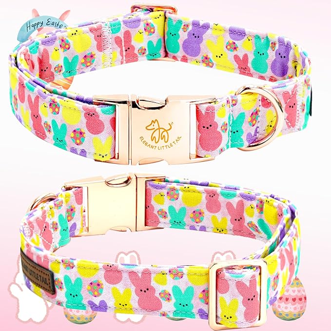 Elegant little tail Easter Dog Collar, Bunny Print Pet Collar Durable Cotton Dog Collars Girl or Boy Metal Collars Holiday Pet Gift Adjustable Dog Collar for Large Dogs