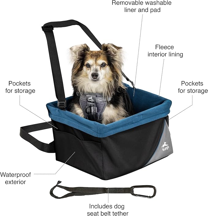 Kurgo Rover Pet Booster Seat for Small Dogs or Cats, Front & Rear Dog Car Seat, Carrier Carseat for Pets, Dog Seatbelt Tether, Helps with Canine Car Sickness