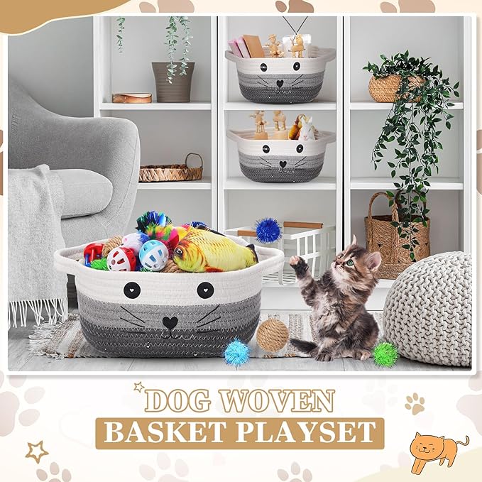Zopeal 58 Pcs Cat Storage Basket Gift Toys Set, Colorful Flashing Balls Pet Bell Crinkle Balls Spring Toys Attract Cat to Swat, Hunt, Interactive for Pet(Multicolor,9.8 Inch)