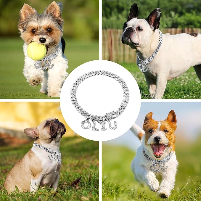 MUMUPET Custom Dog Collar Chain Golden Diamond Name Letters Cuban Style Collar Jewelry Secure Buckle Small Medium Dog Accessories