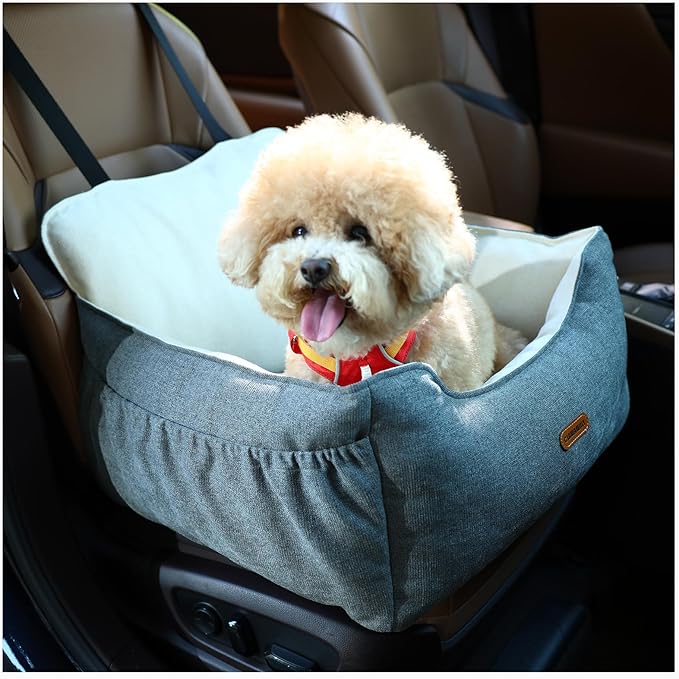 Dog Car Seat for Small Dogs Under 25Lbs, Portable Comfy Safe Puppy Car Seat Travel Bed with Storage Pockets, Fully Detachable Washable Dog Booster Carseats for Front & Back Seats, Gray