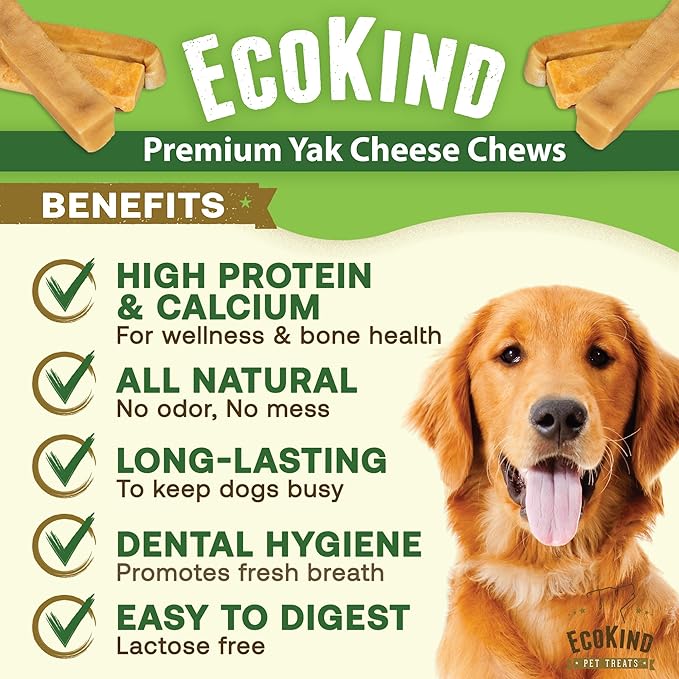 EcoKind Pet Treats Gold Himalayan Yak Cheese Medium Dog Chew | Great Treats for Dogs, Indoors & Outdoor Use - 3 Medium Chews