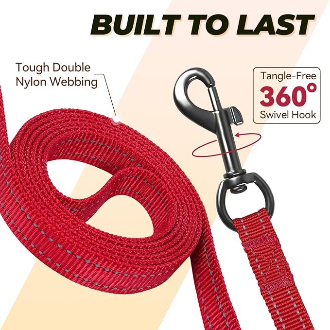VIVAGLORY Twingrip Dog Leash, Double Handle Dog Leash for Training & Walking with Traffic Handle & 2 Loop, Traffic Control Reflective Heavy Duty for Puppy Pet, 4ft x 1/2in, Red