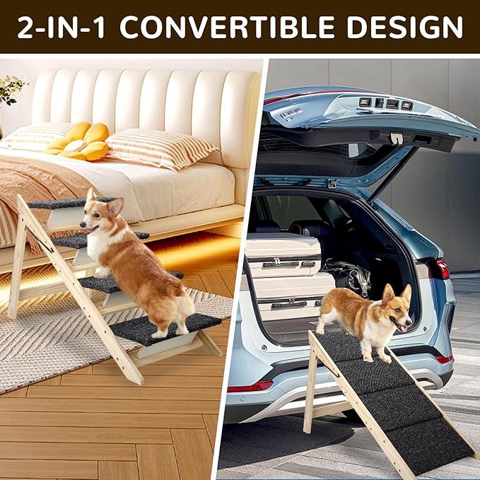 Foldable Dog Stair 2-in-1 with 4 Steps, New Zealand Pine Frame and Non-Slip Carpet Suitable for High Beds, Car,Couch, Durable Wooden Pet Stairs for Small Medium and Large Dogs, No Assembly Required