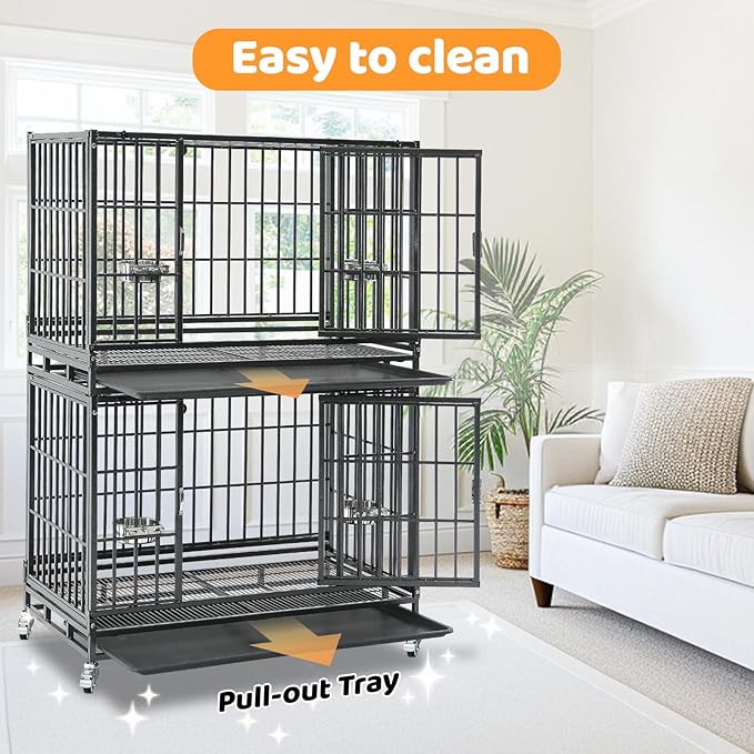 Homey Pet Two Tiers 37 Inch Dog Crate Cage Kennel with Feeding Bowls, Lockable Wheels and Removable Tray, Escape Proof Metal Wire Heavy Duty Dog Crates for Medium/Small Sized Dogs (6 Pack)