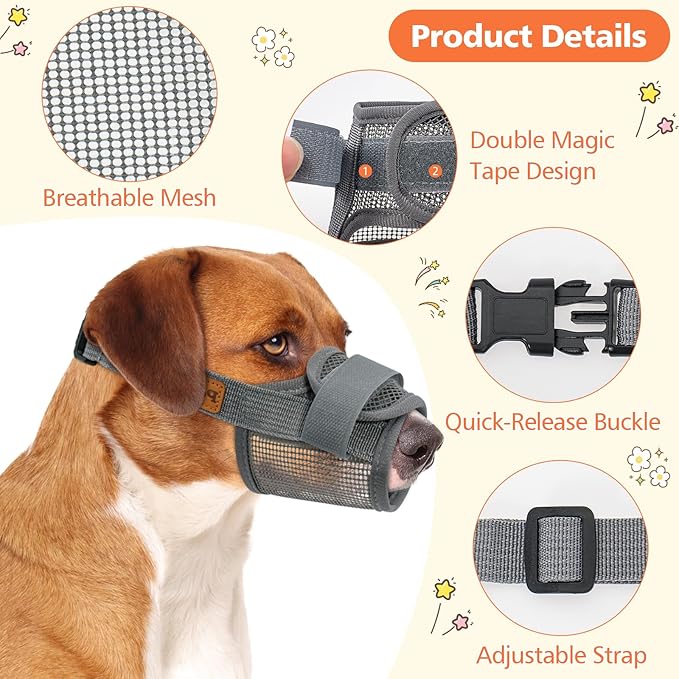 Coppthinktu Soft Dog Muzzle, Breathable Mesh Muzzle for Small Medium Large Sized Dog Mouth Cover, Adjustable Muzzles to Prevent Biting Barking Dogs Mouth Cover Allows Drinking (Grey L)