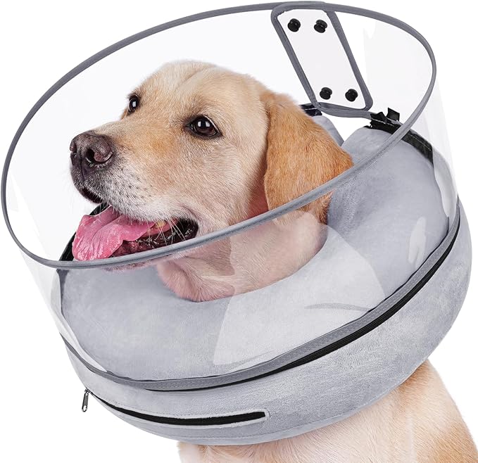 BARKLESS Inflatable Dog Cone, Protective Dog Surgery Collar to Stop Licking Biting Wounds, Patented Soft Donut Cone with Clear Shield, Adjustable Blow-up Collar for Surgery Recovery (Grey, M+)