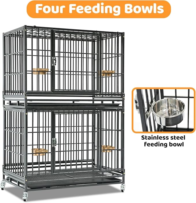 Homey Pet Two Tiers 37 Inch Dog Crate Cage Kennel with Feeding Bowls, Lockable Wheels and Removable Tray, Escape Proof Metal Wire Heavy Duty Dog Crates for Medium/Small Sized Dogs (4 Pack)