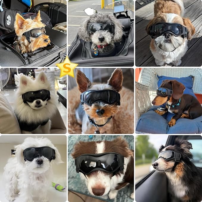PETLESO Dog Goggles Small Breed, Dog Sunglasses UV Protection Puppy Eyewear for Small Pet Outdoor Riding Driving, Black S