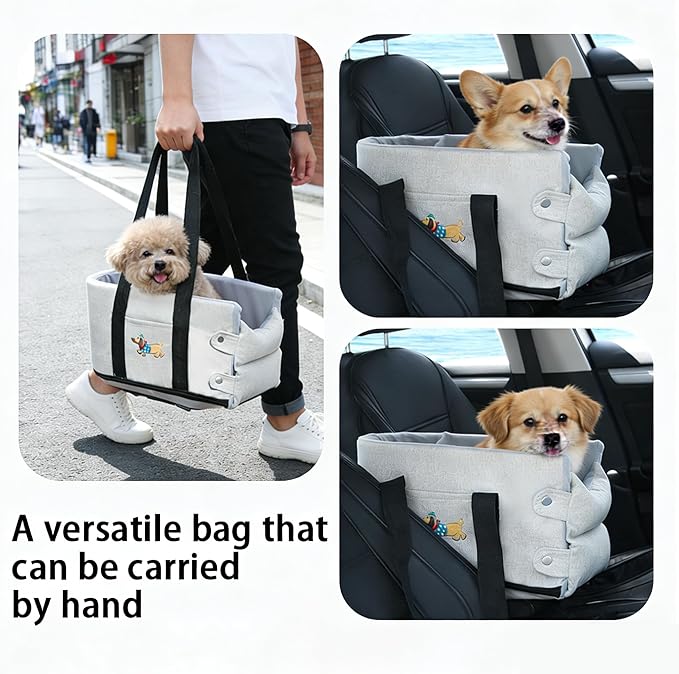 FurryGo Small Dog Car Seat for Travel, Elevated Pet Booster Seat with Safety Tether, Soft Washable Dog Bed for Under 20 lbs, Portable Cat Carrier for SUV/Truck, Grey (Dark Gray)